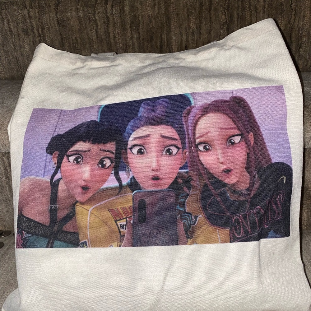 K-Pop Demon Hunters White Tote Bag with Animated Characters Print